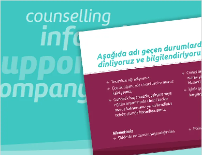 Grafik: Frauennotruf-Flyer, englisch und türkisch
